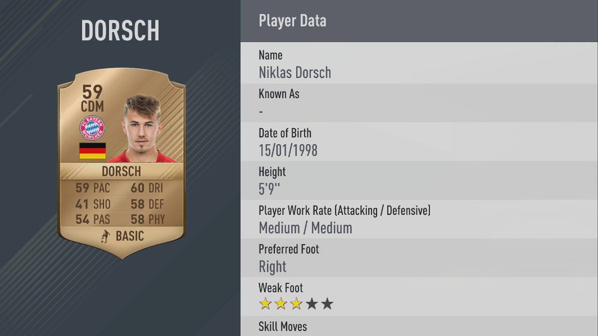 NIKLAS DORSCH: Für einen Youngster ist es eine Ehre, überhaupt zum erlesenen Kreis der Bayern-Stars zu zählen. Das ist bei FIFA nicht anders als im wahren Fußball-Leben. Ihm kommt am ehesten seine Zweikampfstärke zugute