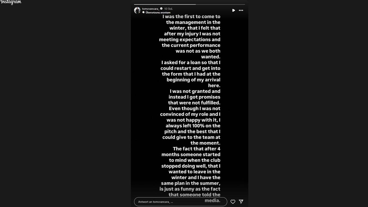 Tomas Cvancara postete die Kritik an Gladbach in seiner Instagram-Story