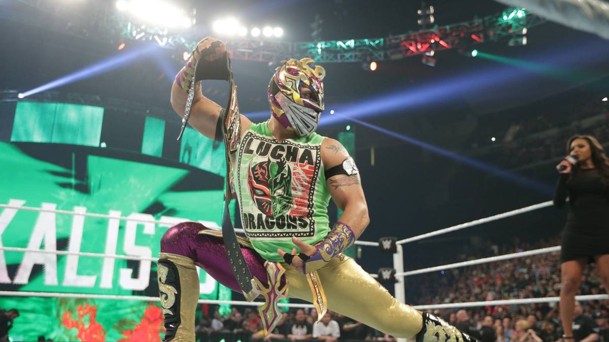 Das erste Titelmatch des Abends: Der United States Champion Kalisto tritt an