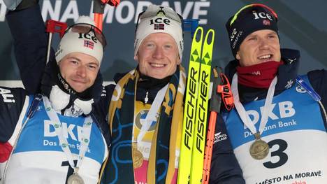 Die norwegischen Männer mit Sturla Holm Lägreid, Johannes Thingnes Boe und Vetle Christiansen (v.l.) dominieren die Biathlon-WM