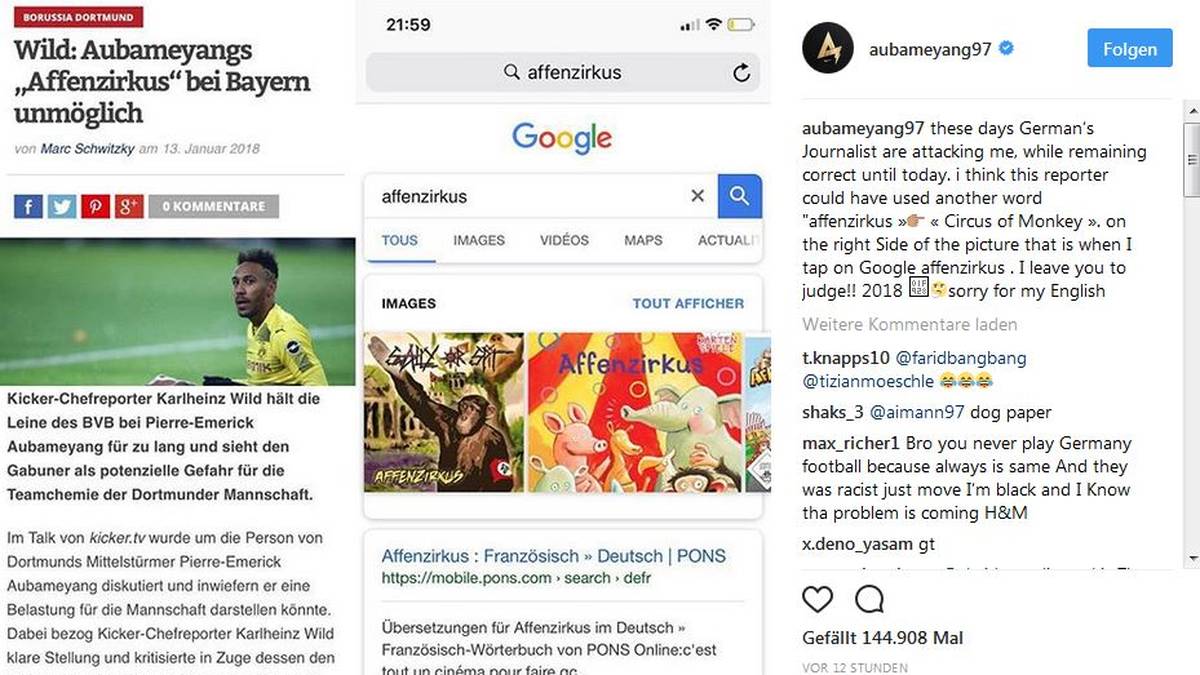 Am Morgen vor seiner Suspendierung erhebt Pierre-Emerick Aubameyang via Instagram Rassismus-Vorwürfe gegen "kicker"-Reporter Carlo Wild. Der hatte Aubameyangs Eskapaden als "Affenzirkus" bezeichnet. Der interpretierte das als rassistischen Angriff