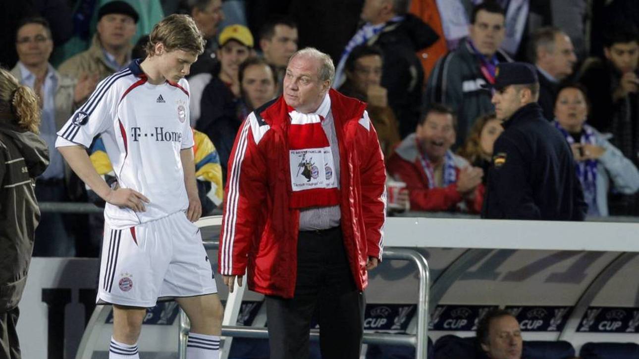 Marcell Jansen und Manager Uli Hoeneß in der Saison 2007/2008