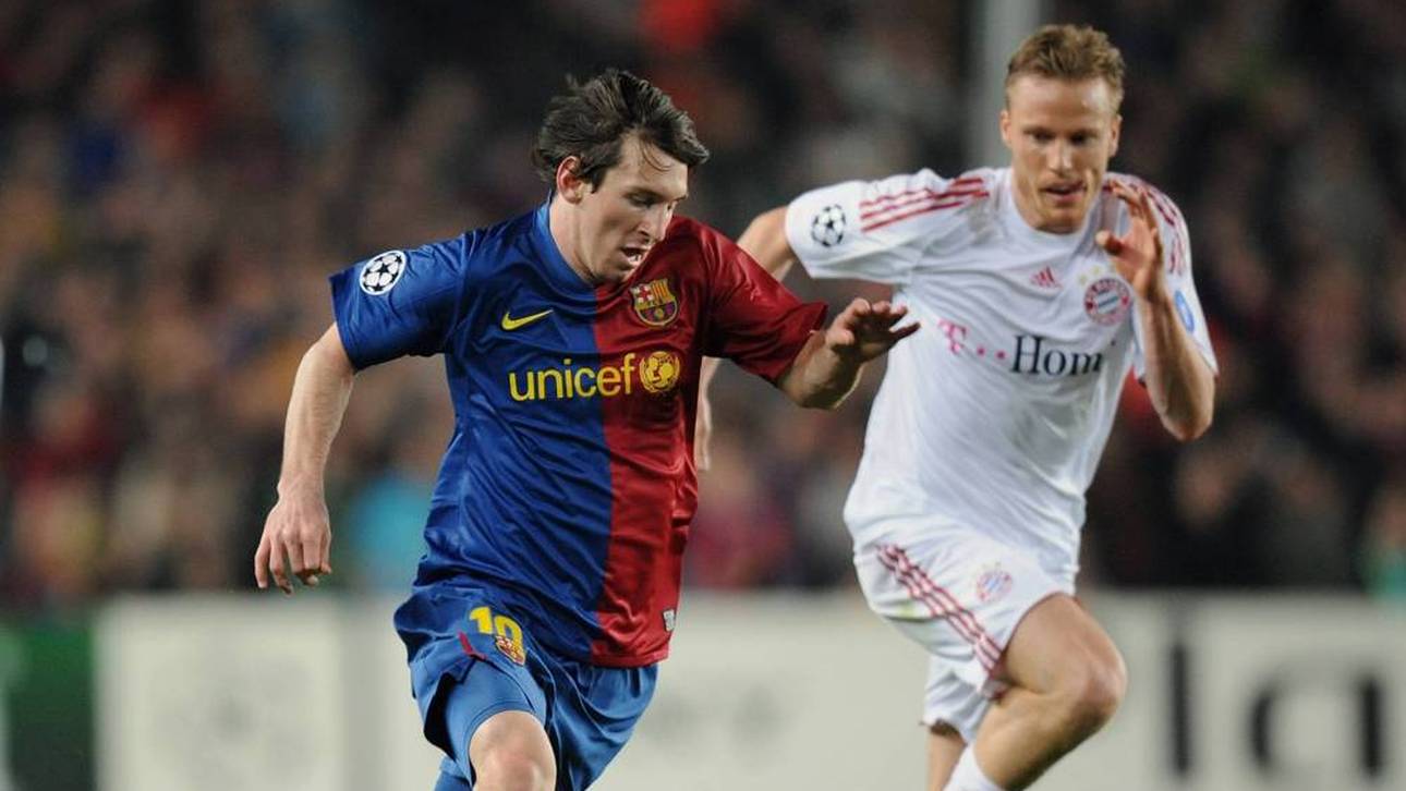 Lionel Messi (FC Barcelona) gegen Christian Lell (Bayern) in der Saison 2008-2009
