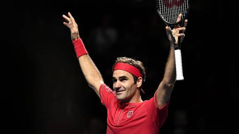 Swiss Roger Federer celebrates his victory during the final match at the Swiss Indoors tennis tournament in Basel on October 27, 2019. (Photo by FABRICE COFFRINI / AFP) (Photo by FABRICE COFFRINI/AFP via Getty Images)