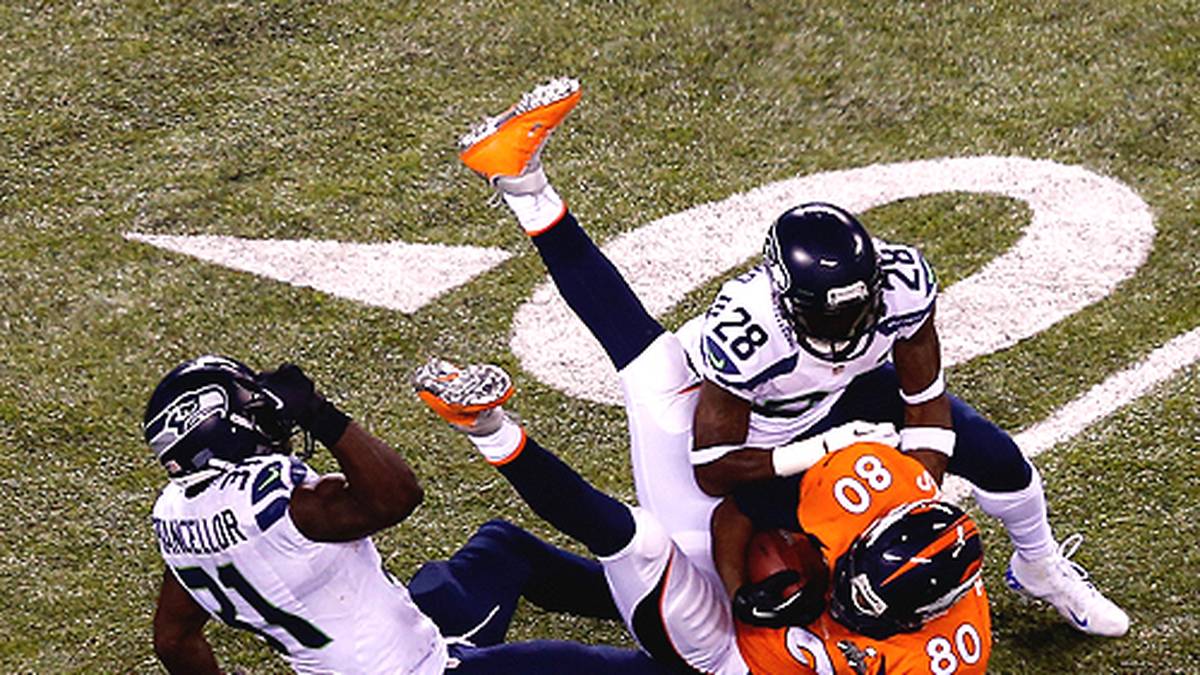 Zwar bringt Manning viele seiner kurzen Pässe - 34 Completions sind Super-Bowl-Rekord - an, aber Julius Thomas und co. werden von den gnadenlosen Passverteidigern sofort und knallhart gestoppt