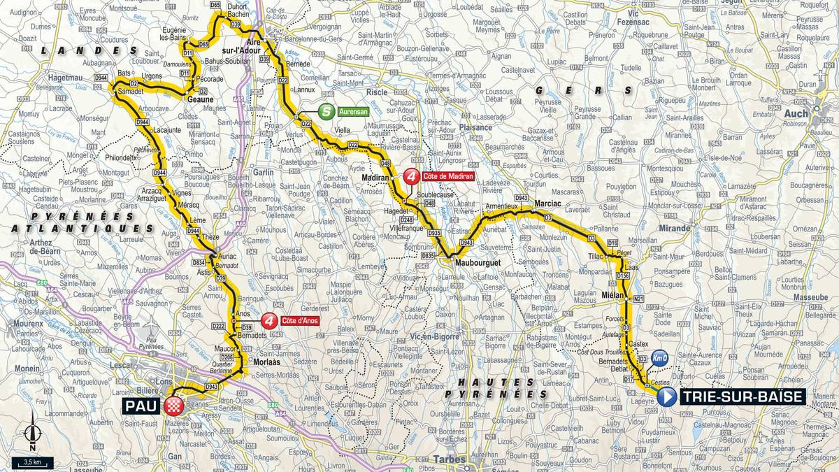 18. Etappe - Tries-sur-Baise nach Pau (171 km): Bevor zwei Bergetappen in den Pyrenäen anstehen, dürfen sich die Sprinter noch einmal beweisen. Auf den 171 Kilometern von Tries-sur-Baise nach Pau geht es weitgehend flach dahin