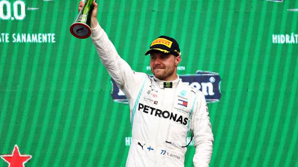 MEXICO CITY, MEXICO - OCTOBER 27: Third placed Valtteri Bottas of Finland and Mercedes GP celebrates on the podium during the F1 Grand Prix of Mexico at Autodromo Hermanos Rodriguez on October 27, 2019 in Mexico City, Mexico. (Photo by Mark Thompson/Getty Images)