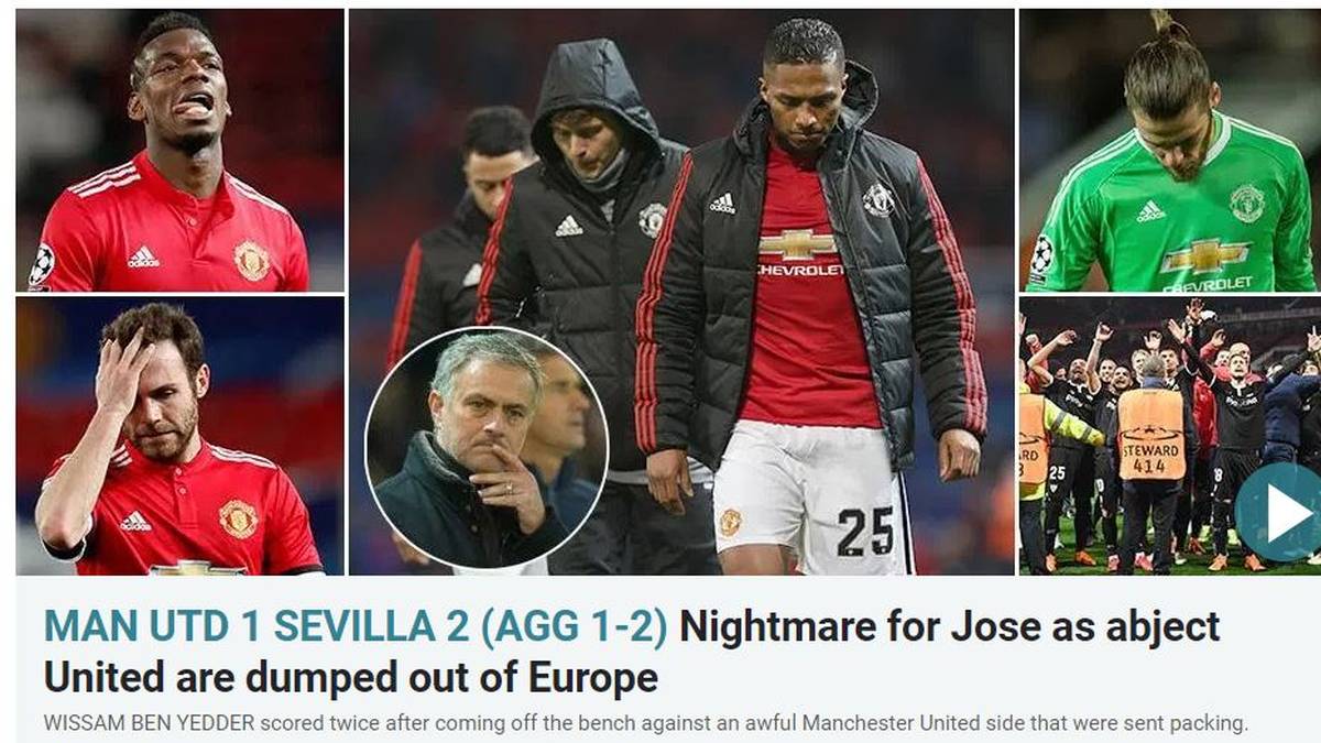 THE SUN: "Desaster für Jose. Erbärmliches United fliegt aus Europa. Wissam Ben Yedder traf doppelt, nachdem er von der Bank kam, und jagte damit eine grässliche United-Mannschaft fort. Romelu Lukakus spätes Tor ist nicht genug, um die Red Devils zu retten. Der Druck auf Jose Mourinho wächst."