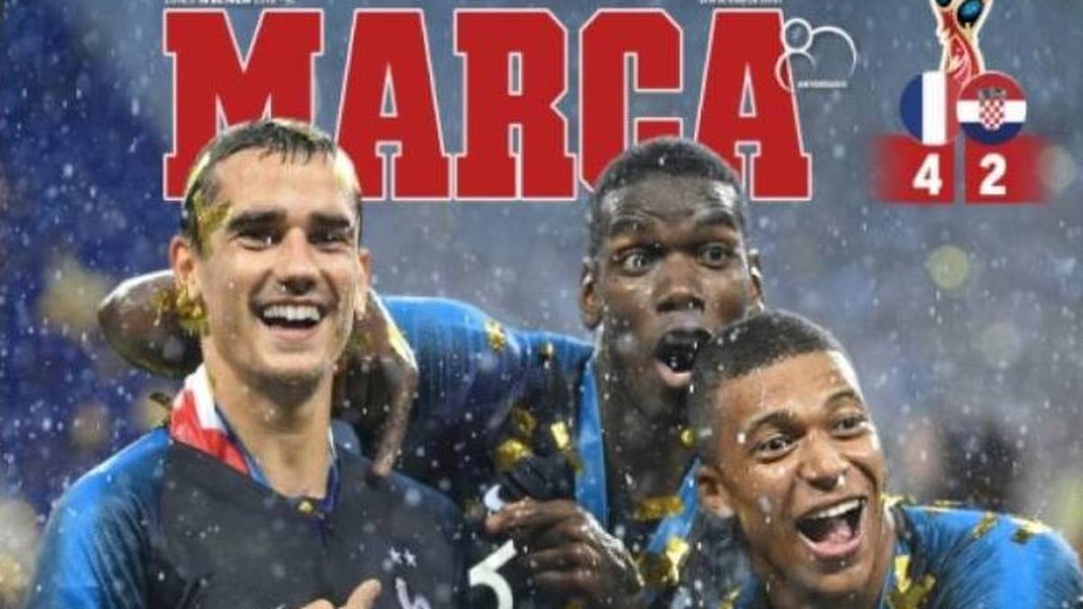 SPANIEN – MARCA: "La Belle Epoque. Frankreich proklamiert sich zum zweiten Mal zum Weltmeister. Deschamps Frankreich erobert die Welt. Das Finale war ein Resümee der WM Frankreichs, eine Vorführung in Sachen Effizienz und Physis. Diese Mannschaft hat nicht nur einen Kaiser. Der zweite Stern kam auf dem Hammerweg. Lloris leistet sich einen 'Karius' gegen Mandzukic"