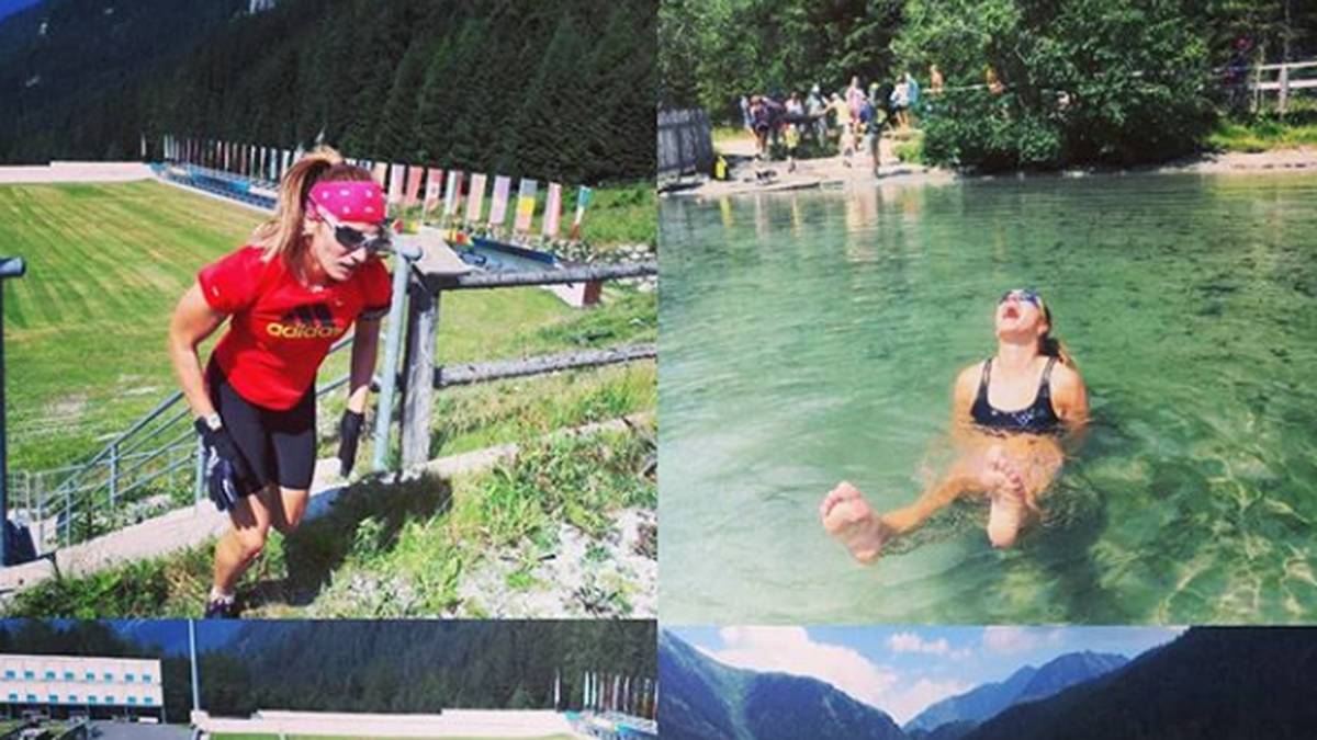 Nach einem anstrengenden Workout belohnt sie sich mit einer erfrischenden Abkühlung im kalten Nass