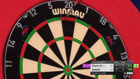 Nathan Aspinall gewinnt in der ersten Rundes des Darts World Grand Prix gegen Ryan Searle im Decider und spielt im zweiten Satz den verkehrten 9-Darter.