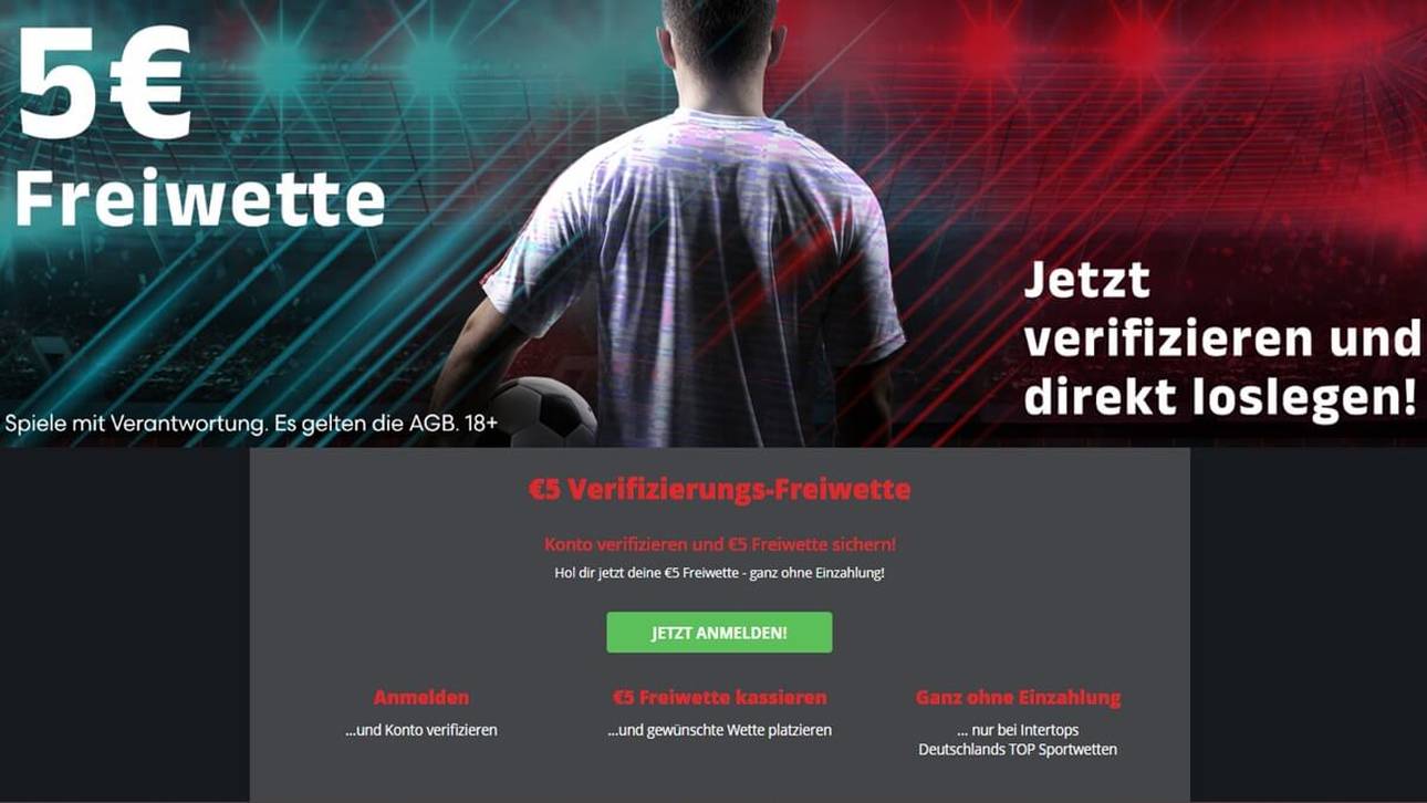 Die 5 Euro Intertops Freiwette erhalten Kunden direkt nach der Verifizierung ihres Kontos.
