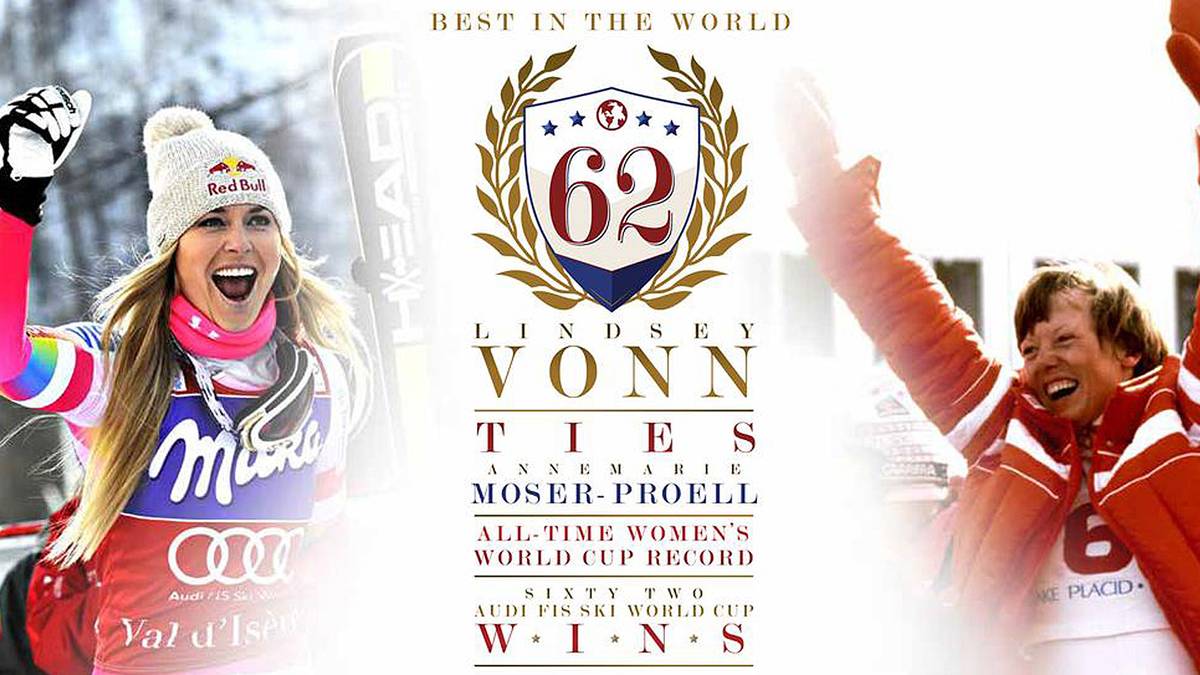 Beim Abfahrtsrennen in Cortina d'Ampezzo tags zuvor holt Vonn ihren 62. Sieg bei Weltcuprennen. In der ewigen Bestenliste hat sie zu diesem Zeitpunkt den bisherigen Rekord von Annemarie Moser-Pröll (r.) aus dem Jahr 1980 eingestellt