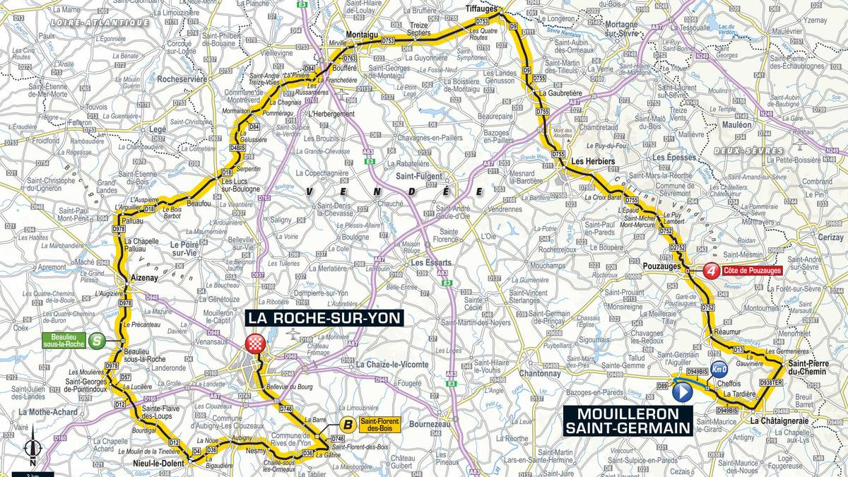 2. Etappe - Mouilleron-Saint-Germain nach La-Roche-sur-Yon (182,5 km): Tag zwei führt das Feld weiter von Mouilleron-Saint-Germain nach La Roche-sur-Yon. 183 Kilometer haben die Athleten der 22 Mannschaften durch die Vendée hinter sich zu bringen