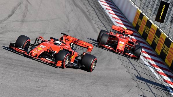 Ferrari's German driver Sebastian Vettel (L) leads ahead of Ferrari's Monegasque driver Charles Leclerc during the Formula One Russian Grand Prix at The Sochi Autodrom Circuit in Sochi on September 29, 2019. (Photo by Dimitar DILKOFF / AFP)        (Photo credit should read DIMITAR DILKOFF/AFP/Getty Images)