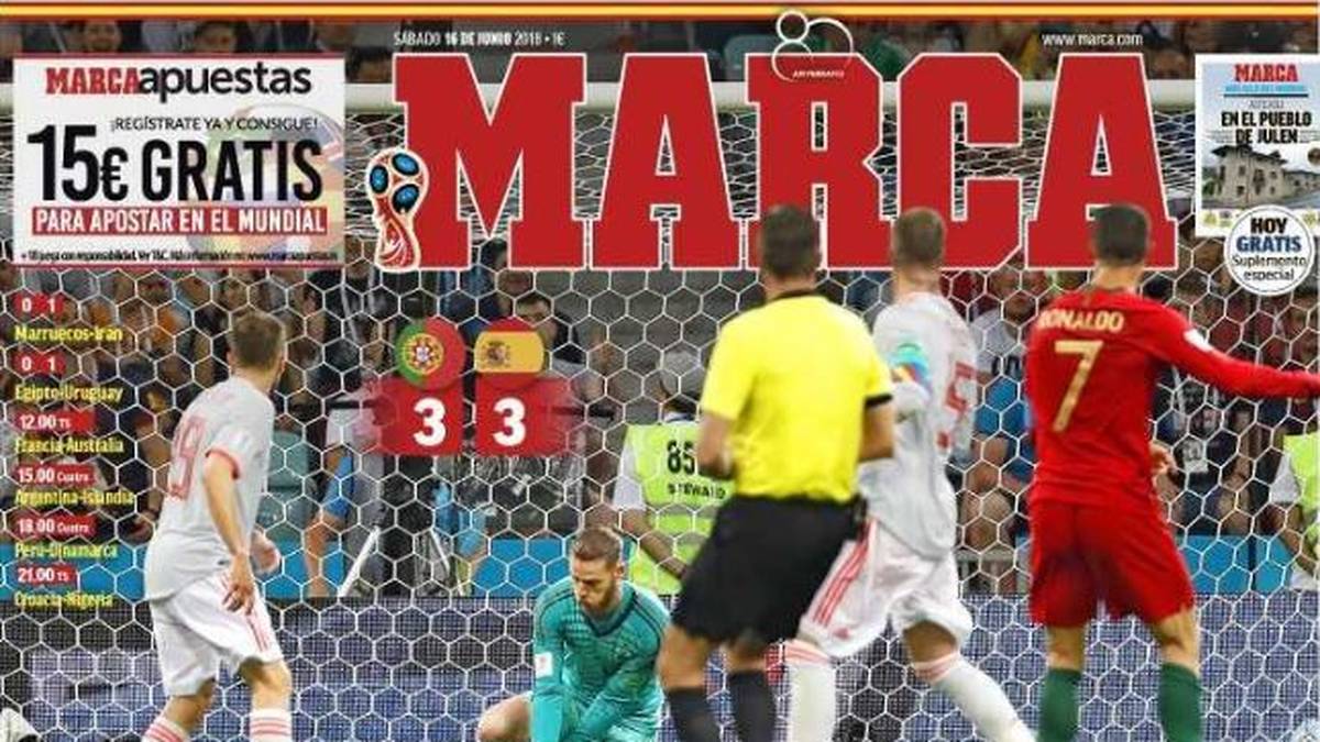 SPANIEN - Marca: "Spanien ist aus Eisen (span.: Hierro, Anm. d. Red.), aber Cristiano ist aus Stahl. Eine Partie wie eine Tüte Popcorn - verrückt, unkontrollierbar -, dem nur noch Verlängerung und Elfmeterschießen fehlte, endzündete die WM für Spanien. Portugal umarmt Cristiano, der eine Trilogie drehte, brutal war, wenn er Hunger hatte, und gegen Hierros Mannschaft ausglich. Spanien war am Anfang unbewaffnet, im mittleren Abschnitt brillant - und stand am Ende mit gebrochenem Nervensystem da"