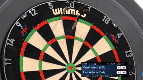 Scott Williams ist beim German Darts Grand Prix auf dem Weg zu seinem ersten Sieg. Bei zwei verbleibenden Darts und 60 Rest wählt der Engländer allerdings einen skurrilen Weg. 