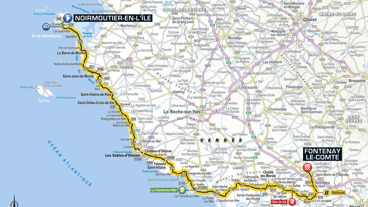 1. Etappe - Noirmoutier-en-l'Ile nach Fontenay-le-Comte (201 km): Los geht es am 7. Juli auf der Atlantikinsel Noirmoutier-en-l'Ile. Gut 200 Kilometer haben die 176 Fahrer an diesem Tag entlang des Atlantiks zu bewältigen - scharfe Windkanten mit inbegriffen