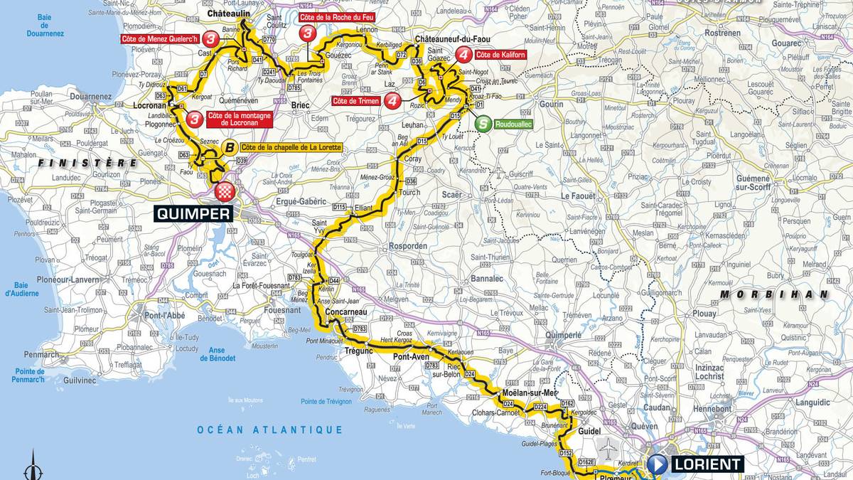 5. Etappe - Lorient nach Quimper (204,5 km): Die fünfte Etappe der diesjährigen Tour gilt als erste Schlüsseletappe. Über 200 Kilometer führen die Athleten durch die Bretagne bis nach Quimper. Den Erfahrungen nach sollte die Entscheidung über den Tagessieg in einer Ausreißergruppe fallen