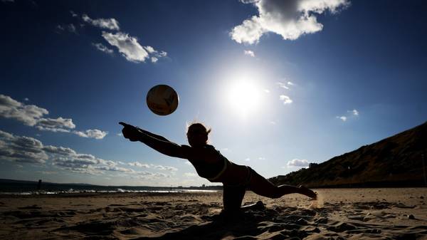 BOURNEMOUTH, DORSET - JUNE 05: Team England Beach Volleyball Player Jessica Grimson trains at Southbourne Beach on June 05, 2020 in Bournemouth, Dorset. (Photo by Naomi Baker/Getty Images)