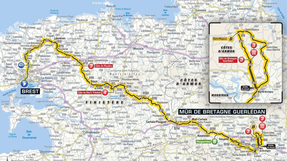 6. Etappe - Brest nach Mur-de-Bretagne (181 km): Auch die folgende Etappe von Brest nach Mur-de-Bretagne spielt eine Schlüsselrolle für den weiteren Tour-Verlauf. Bisher hat der Anstieg zum Zielort stets frühe Hinweise auf die Form der Topfavoriten gegeben