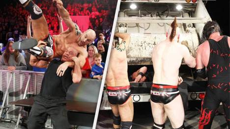 Kurt Angle (l.u., beim Angle Slam gegen Cesaro) schloss sich bei WWE TLC 2017 The Shield an