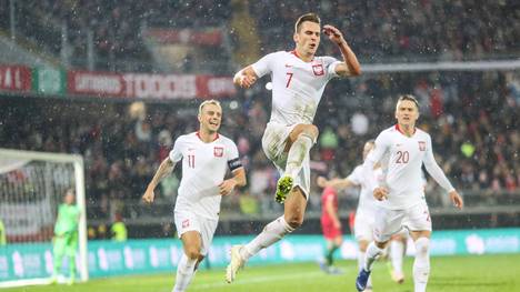 Arkadiusz Milik (M.) sicherte Polen mit seinem herausgeholten und selbst verwandeltzen Elfmeter zum 1:1 einen Punkt in Portugal