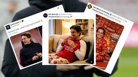 Tottenham-Trainer Thomas Frank trinkt vor dem Spiel in Bournemouth aus einem Becher des Erzrivalen FC Arsenal. Das Netz spottet - und der Trainer muss sich für diesen Fauxpas erklären.