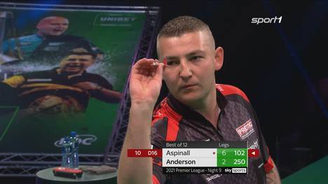 Nathan Aspinall zeigt sich in der Premier League Darts auch am neunten Spieltag in Bestform. Doppelweltmeister Gary Anderson ist gegen den Engländer chancenlos. 