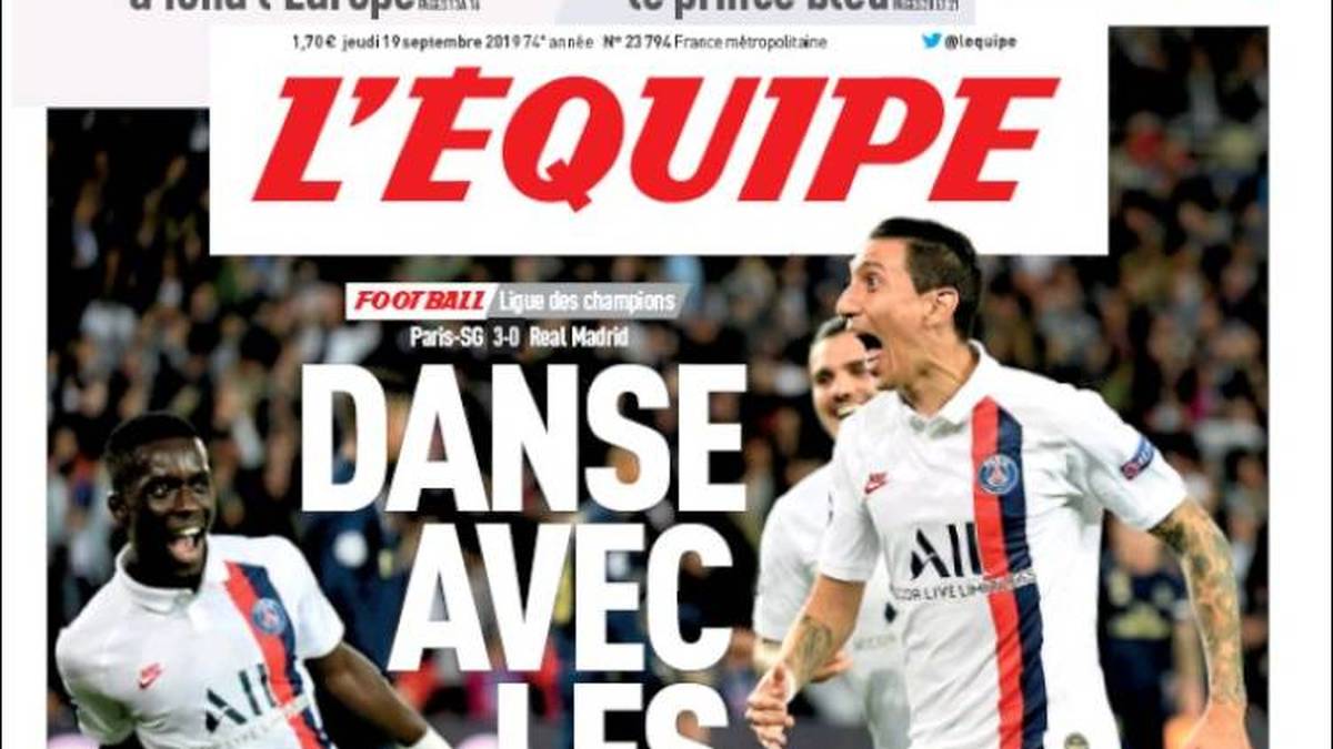 FRANKREICH - L'ÉQUIPE: "PSG knackt Real Madrid. Angeführt von Ángel di María hat PSG Real Madrid zum Champions League-Auftakt im Parc des Princes geschlagen. Paris brillierte durch taktische Kontrolle, als sie Madrid weit von deren bestem Level entfernt begegneten"