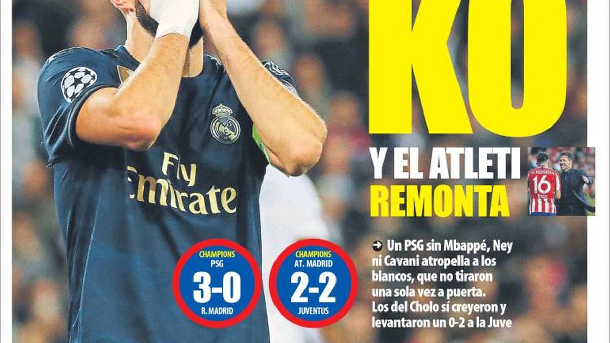 MUNDO DEPORTIVO: "Madrid geht k.o.! Paris zeigt, dass nicht einmal die Champions League dieses Real Madrid wiederbelebt, das bei seinem Europapokal-Auftakt gegen ein PSG ohne Neymar, Mbappé und Cavani ein regelrechtes Debakel erleidet"