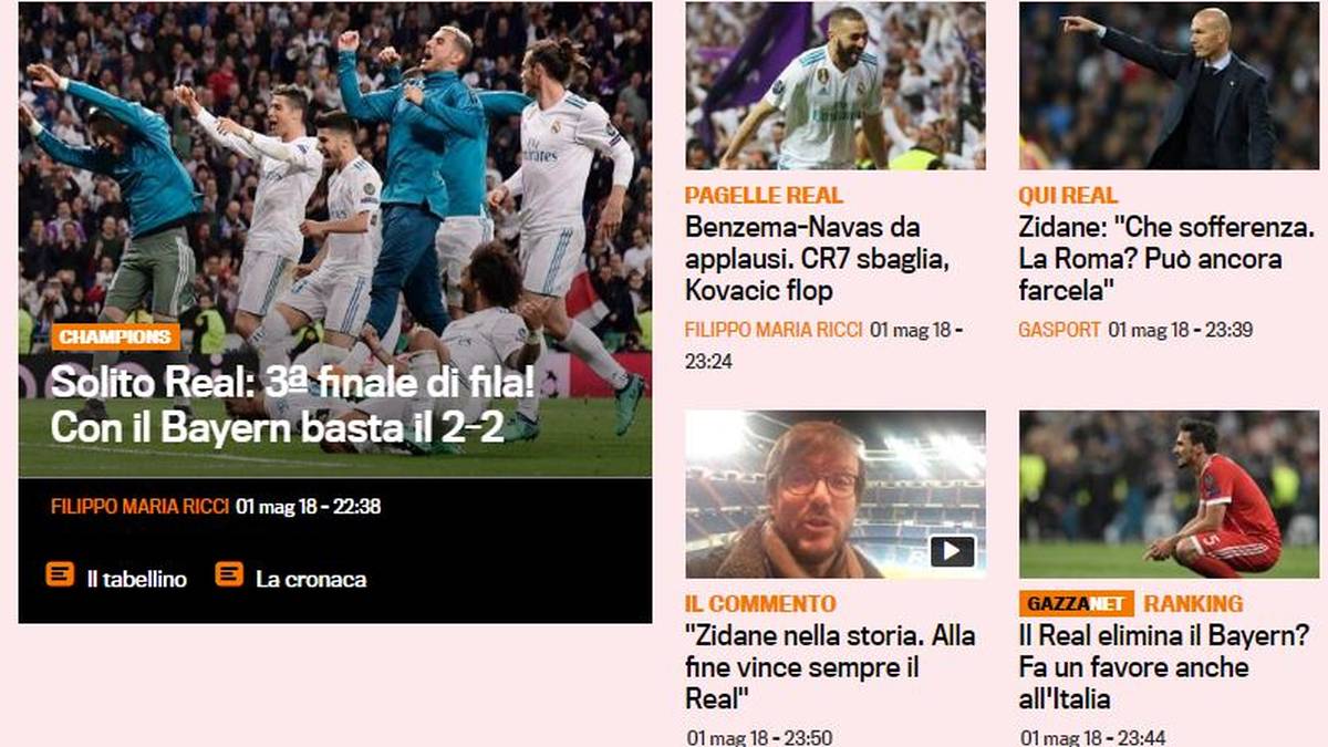 ITALIEN - Gazzetta dello Sport: "Typisch Real: Drittes Finale in Folge! 2:2 reicht gegen Bayern. Benzema und Navas überragen in dieser Nacht: CR7 fehlerhaft, Kovacic floppt."