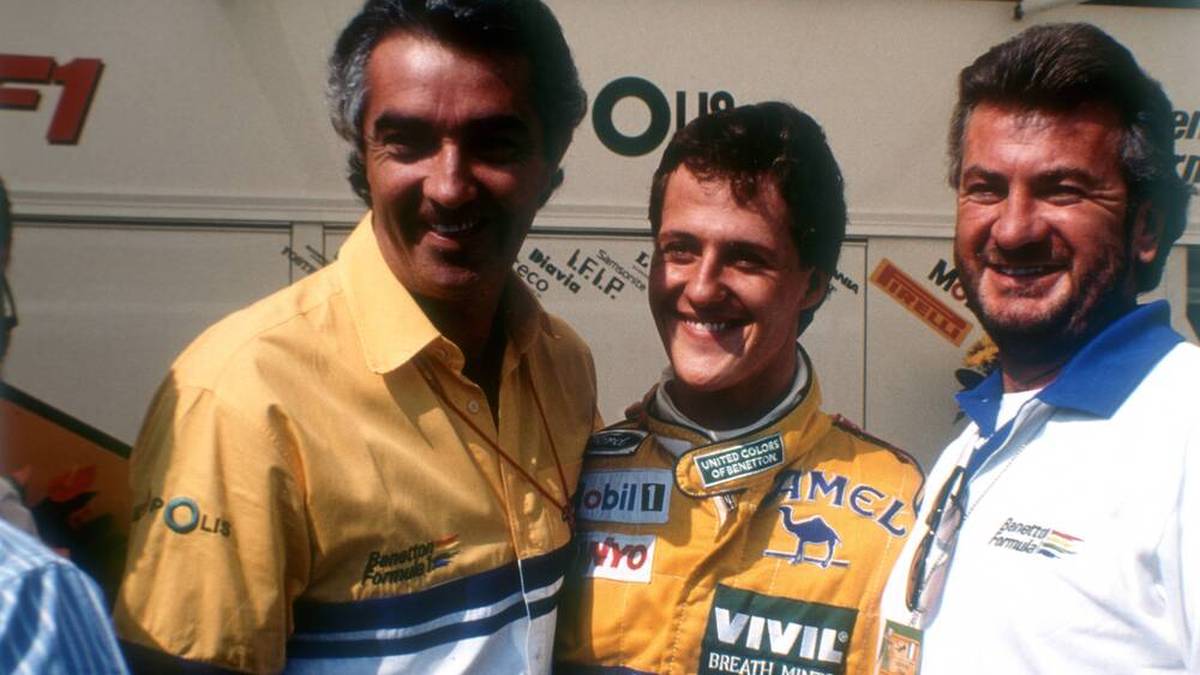 Flavio Briatore mit dem jungen Michael Schumacher und dessen Manager Willi Weber