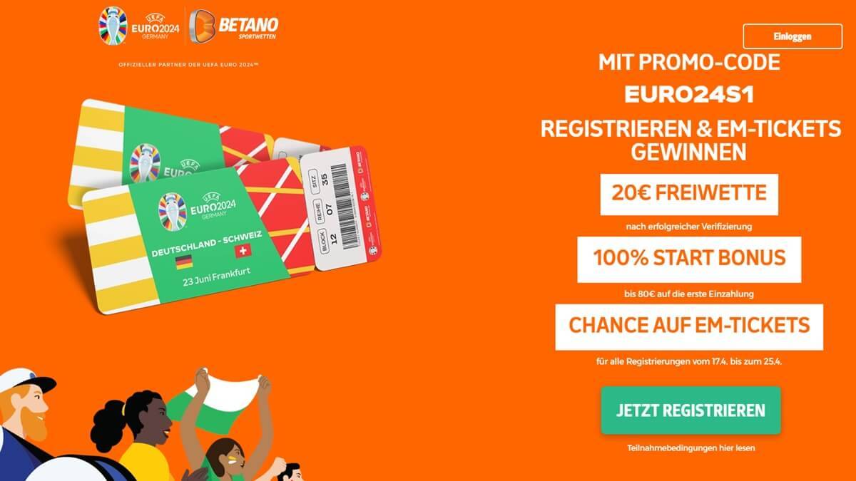 Neukunden haben bei Betano nicht nur die Chance auf EM-Tickets, sondern auch Anspruch auf Willkommensbonus samt 20€ Freebet.