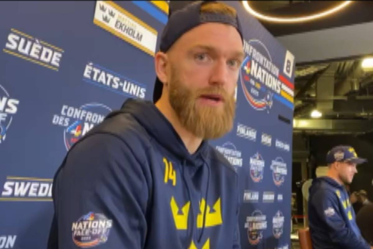 Mathias Ekholm wird bei einer Pressekonferenz zum 4-Nations Face-Off über seinen Teamkollegen Leon Draisaitl befragt. Er hätte ihn bei diesem Event gerne mit von der Partie.