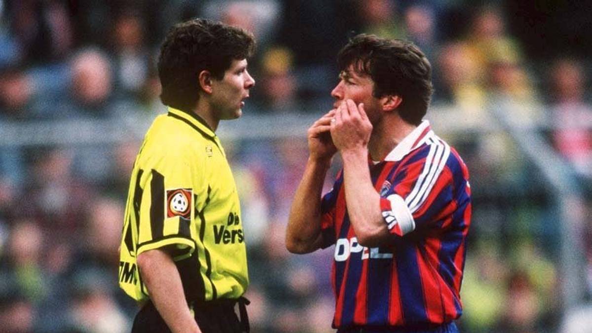 Andreas Möller (l.) und Lothar Matthäus lieferten sich eine der denkwürdigsten Szenen zwischen BVB und Bayern