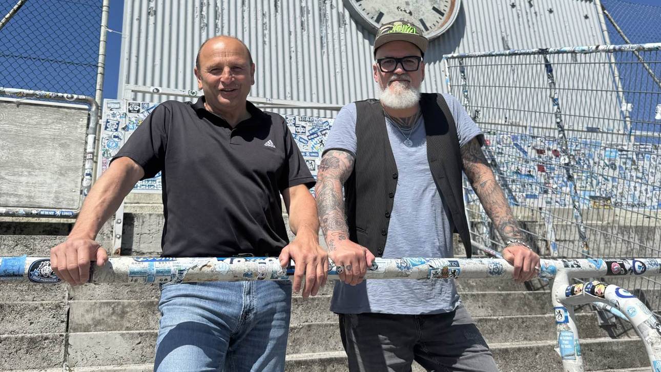 SPORT1-Reporter Reinhard Franke (r.) traf 1860-Ikone Thomas Miller zum Interview