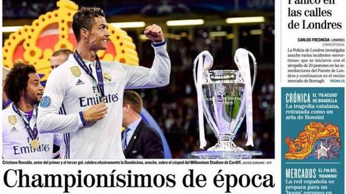 EL MUNDO (Spanien): "Epochale Champions! Real Madrid gewinnt die Duodécima (Zwölfte) nach einem Kantersieg gegen Juventus."