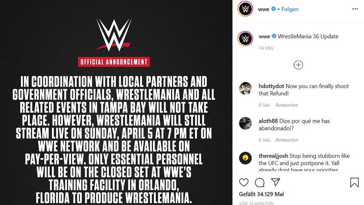 WWE hält WrestleMania vor verschlossenen Türen ab