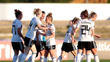 LAGOS, PORTUGAL - MARCH 7: Johanna Elsig and Linda Dallmann of Germany celebrate a goal for Germany during the Germany v Norway, Algarve Cup match at Estadio Municipal Fernando Cabrita on March 7, 2020 in Lagos Portugal. (Photo by Filipe Farinha/Getty Images for DFB)