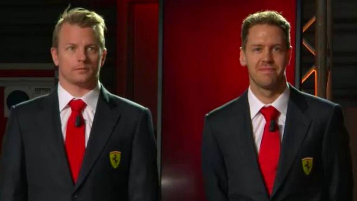In ferrari-roter Krawatte präsentieren Vettel und Räikkönen ihren neuen Dienstwagen