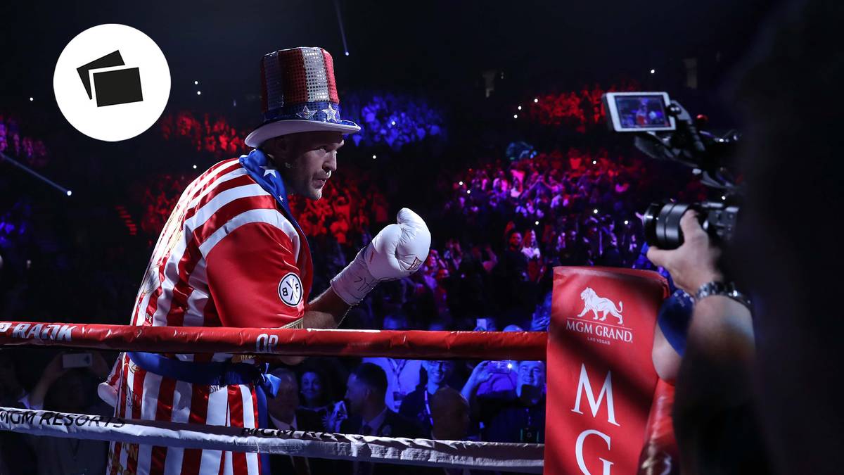 Seit dem Wilder-Fight will Fury sich in den USA etablieren - da dürfen auch seine Show-Einlagen nicht fehlen. Vor dem Kampf gegen Schwarz inszeniert er sich wie Rocky-Figur Apollo Creed als Uncle Sam in den US-Nationalfarben ...