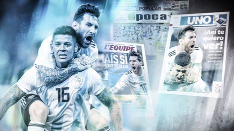 Lionel Messi (h.) feiert Marcus Rojo für dessen entscheidendes Tor gegen Nigeria