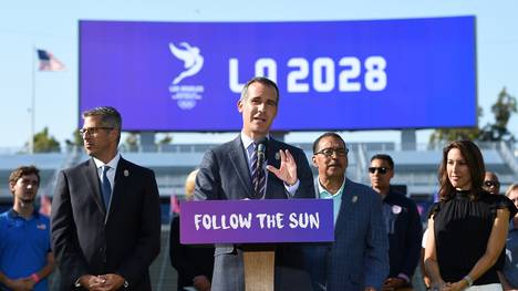 Los Angeles' Bürgermeister Eric Garcetti erklärt die Bewerbung für die Spiele 2028