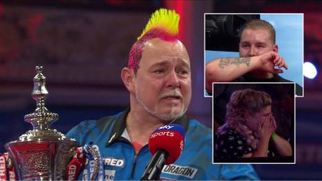 Peter Wright kann seine Tränen nach dem Titel beim World Matchplay nicht zurückhalten. Auch bei seinem Gegner kullern die Tränen.