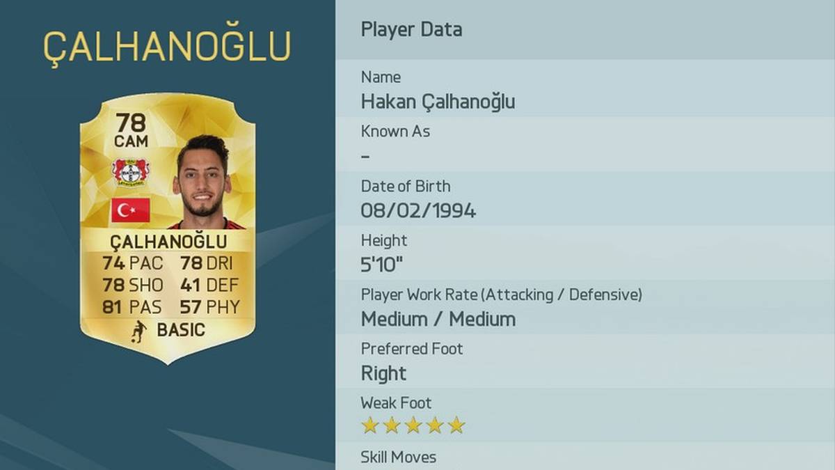 Gegen Hannover hat Calhanoglu diese Saison am 2. Spieltag schon wieder zugeschlagen. 2014/15 traf der Kunstschütze ganze sieben Mal direkt. Die FIFA-Macher entlohnen das mit einer überragenden Wertung von 95