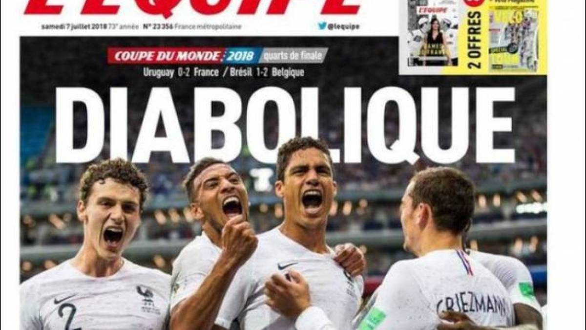 FRANKREICH - L'EQUIPE: "Diabolisch! Les Bleus lassen Uruguay keine Chance. Sie mussten leiden und ihre Zähne zusammenbeißen. Didier Deschamps gegen Thierry Henry, im WM-Halbfinale?  Es wird die nächsten drei Tage dauern, um sich an diese Idee zu gewöhnen."