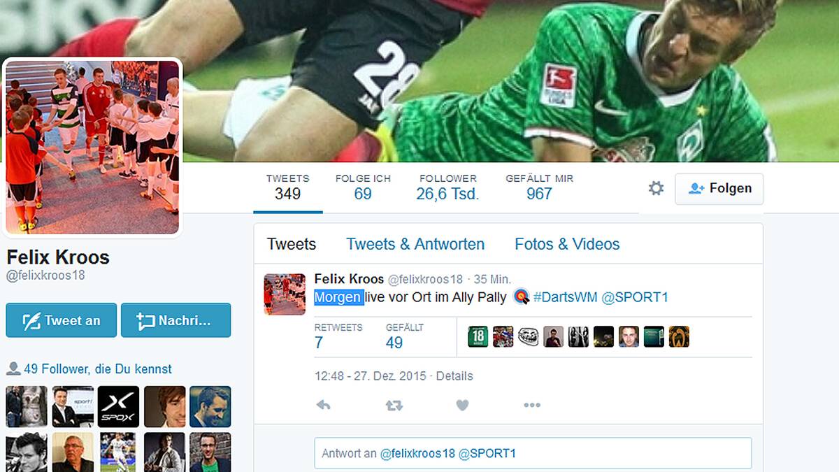 Noch mal kurz zurück zur Familie Kroos: Nach Barneys Weiterkommen meldet sich auch Tonis Bruder Felix via twitter zu Wort und kündigt für den nächsten Tag an, sich im Ally Pally live vor Ort die Ehre zu geben. Etwa auch in einem Kostüm? SPORT1 freut sich jedenfalls schon