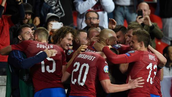Czech Republic's team celebrate after scoring during the UEFA Euro 2020 qualifier Group A football match Czech Republic and England on October 11, 2019 at the Sinobo Arena in Prague. (Photo by Michal CIZEK / AFP) (Photo by MICHAL CIZEK/AFP via Getty Images)
