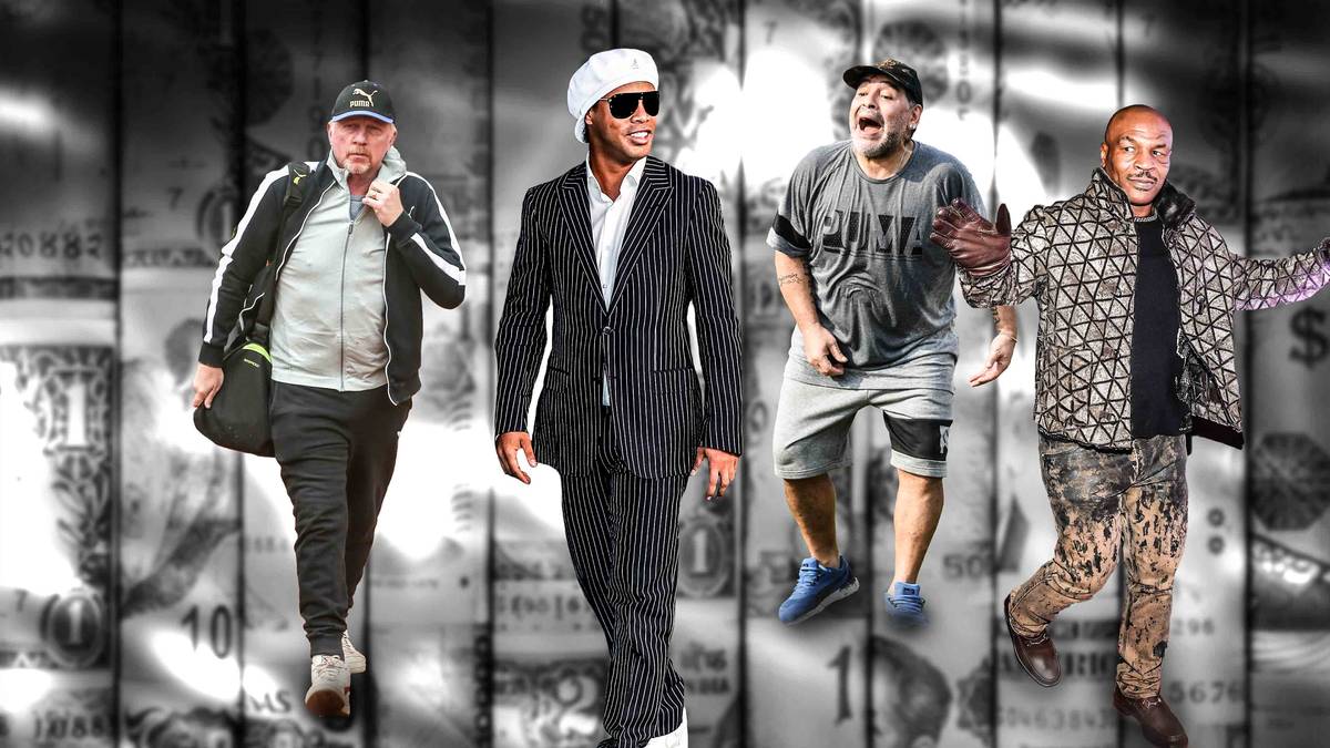 Ronaldinho (2.v.l.) ist nicht der einzige prominente Sportler, der mit großen finanziellen Problemen zu kämfpen hat. Neben vielen Fußballern traf es unter anderem auch Tennis-, Handball und Box-Stars. SPORT1 zeigt die berühmtesten Bankrott-Sportler und jene, die kurz vor der Pleite standen